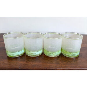 Vintage Culver Ltd Frosted Rocks Glasses Green Band Textured Lowball Set of 4